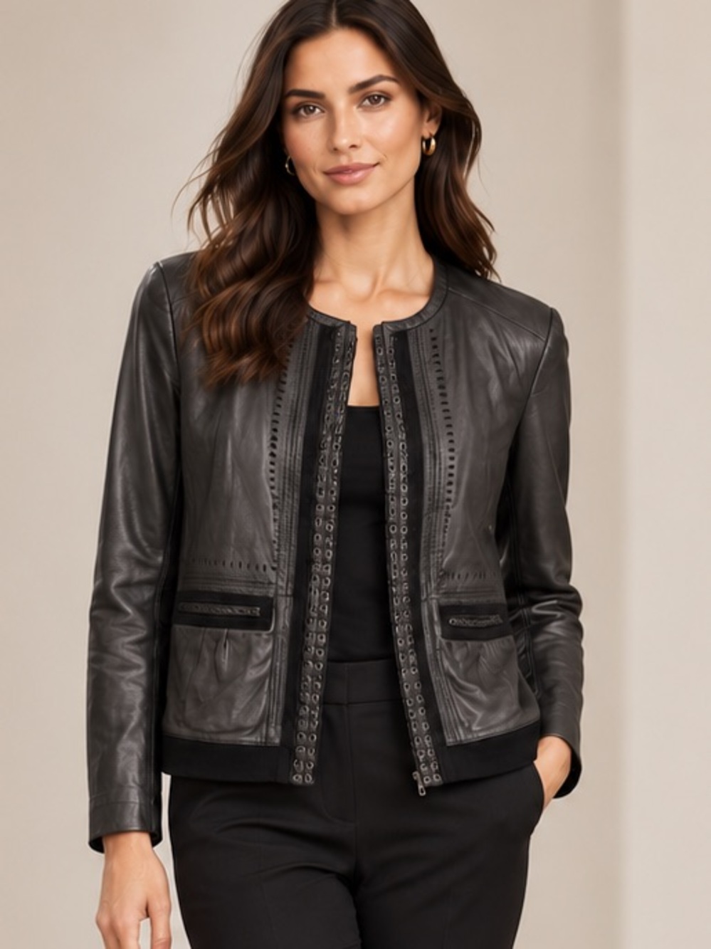 ELIE TAHARI BLACK LEATHER GROMMET EYELET EDGY ELEVATED COLLARLESS JACKET COAT L